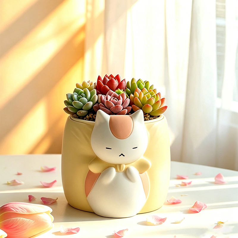 Snake Plant Ceramic - 잠자는 통통한 고양이 모양 레진 다육식물